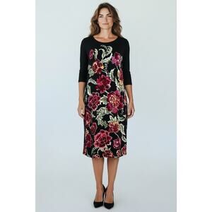 New Chico's Travelers Heritage Floral Black Red LS Dress Wrinkle Resistant 2 Lg